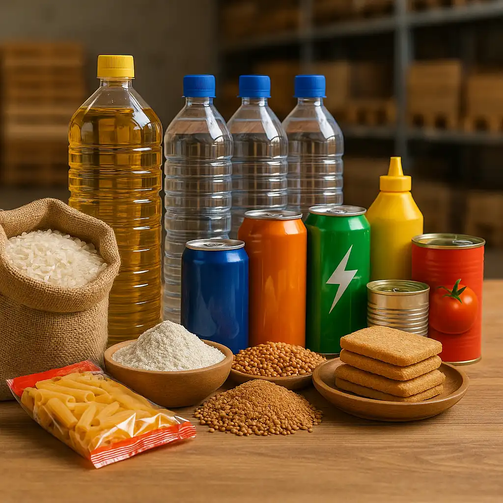 Square image of assorted staple foods, beverages, and packaged goods including rice, flour, pasta, sugar, bottled water, soft drink cans, cooking oil, mustard, canned tomatoes, biscuits, and grains, displayed on a wooden surface in a storage setting.